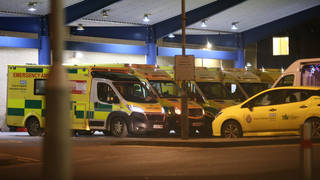 Ambulances queuing outside Queen's Hospital in Romford, London