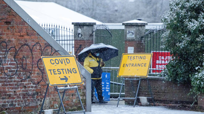 A Covid testing centre in Manchester as Britain faces a cold snap