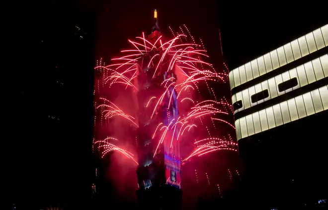Fireworks light up the Taiwan skyline and Taipei 101 during New Years Eve celebrations
