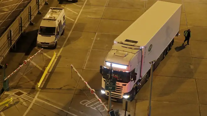 One of the first lorries to arrive from France drives through Dover last night