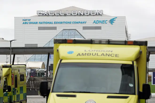 Ambulances were seen parked outside the Nightingale Hospital in London as the capital struggles with the number of Covid patients.