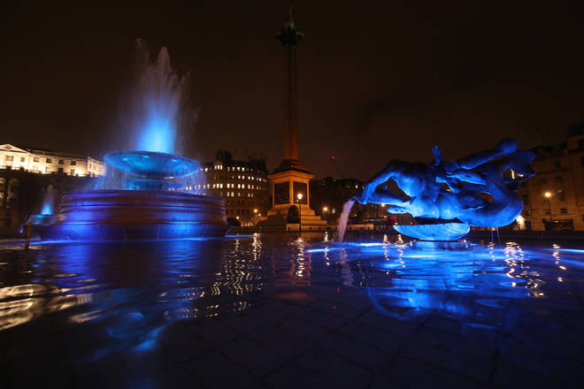 The Trafalgar Square fountains in London, which have been lit up blue in a renewed gesture of thanks to the NHS and frontline workers