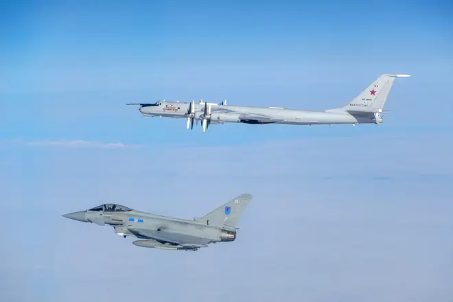 A Typhoon jet from RAF Lossiemouth intercepting a Russian “Bear” bomber (SAC Samantha Holden/RAF/PA)