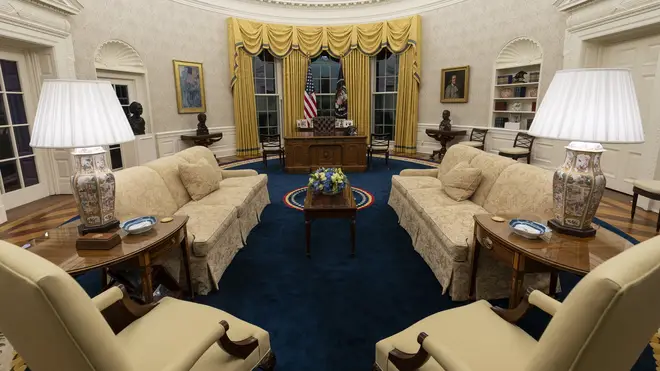 The Oval Office of the White House is newly redecorated for the first day of President Joe Biden’s administration in Washington