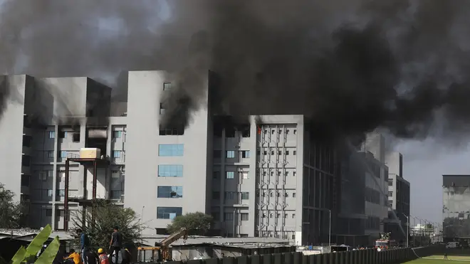 Firemen try to douse a fire at the Serum Institute of India, the world’s largest vaccine maker, in Pune