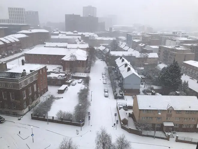 Birmingham City Centre was covered in snow by Sunday morning.
