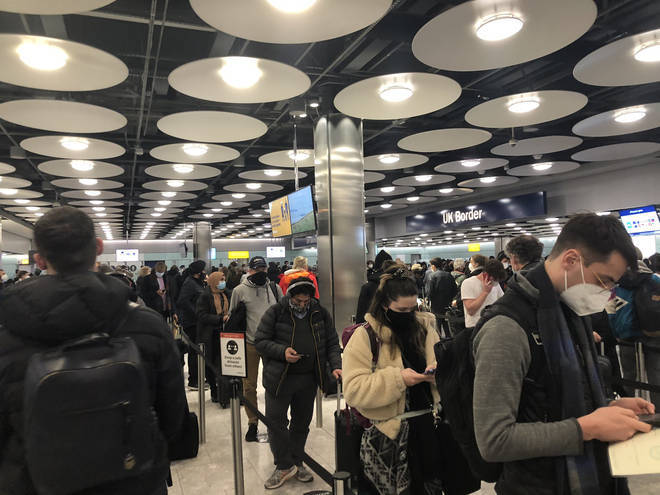 Passengers at Heathrow have complained of long waits at border control with little social distancting.