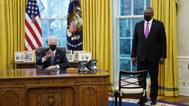 President Joe Biden meets with secretary of defence Lloyd Austin