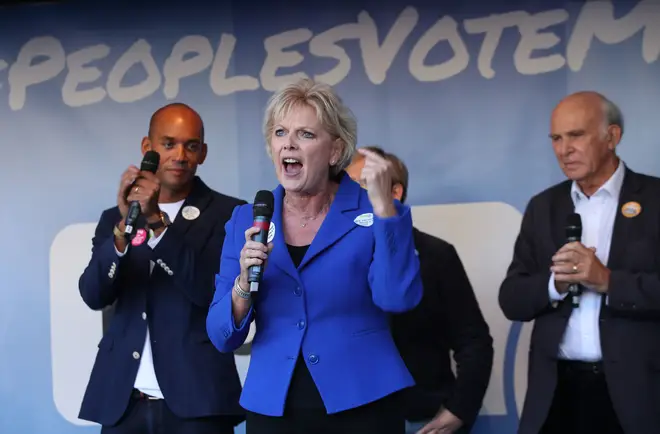 Anna Soubry speaking with Chuka Umunna and Sir Vince Cable at the People's Vote march in London