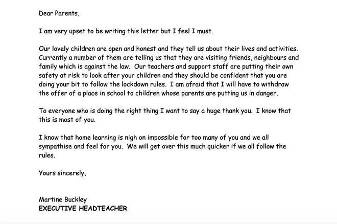 The headteacher wrote to parents warnings them about breaking Covid-19 restrictions