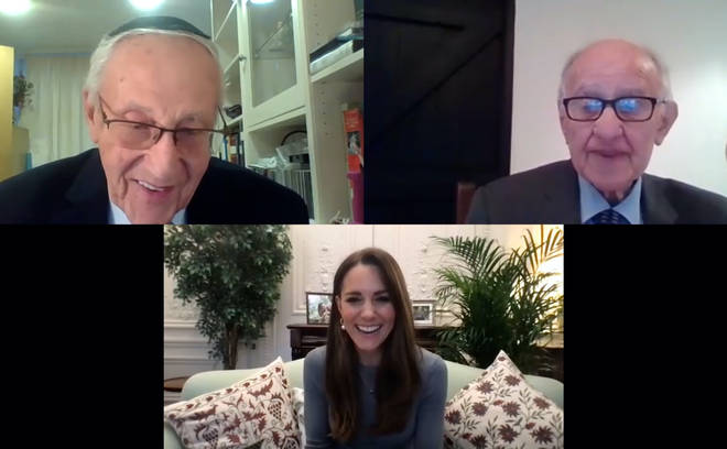 The Duchess of Cambridge during a video call with Manfred Goldberg (right) and Zigi Shipper