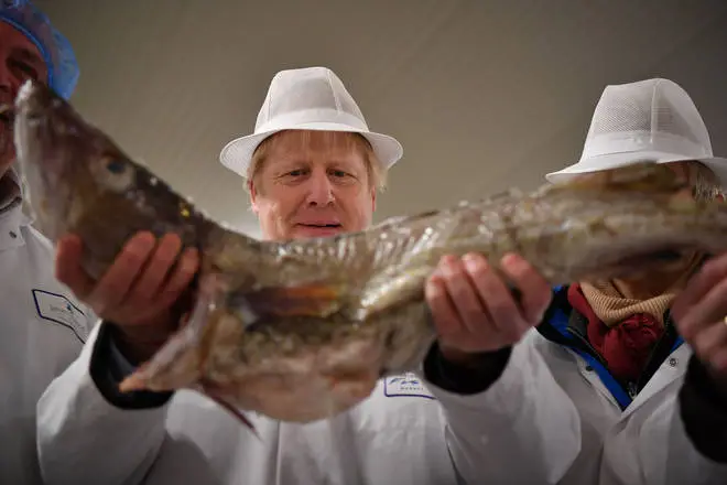 Boris Johnson holding a cod during an election campaign visit to Grimsby Fish Market in December 2019