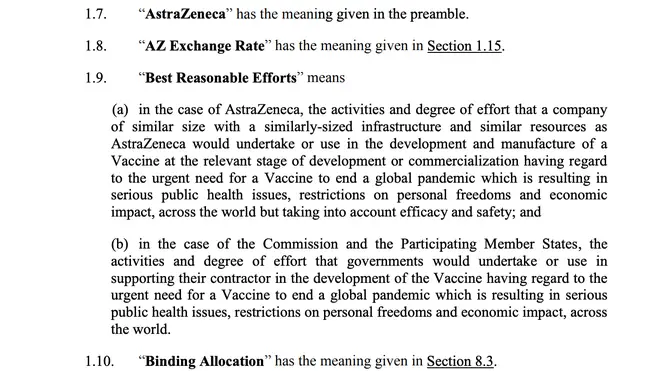 The AstraZeneca-EU contracts state the company will make its 'best reasonable effort' to produce the Covid-19 jab