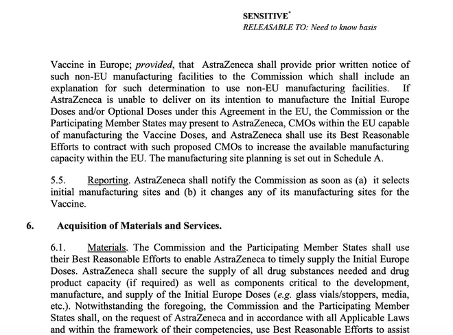 The AstraZeneca-EU contract details how the Covid jab could be made outside of the bloc