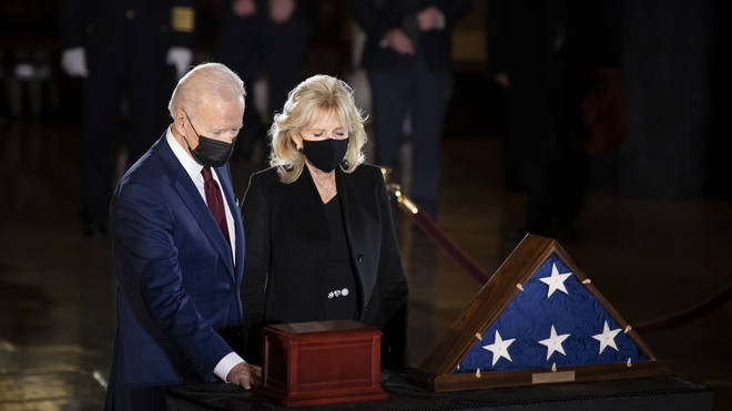 US President and First Lady Joe and Jill Biden pay their respects to Brian Sicknick