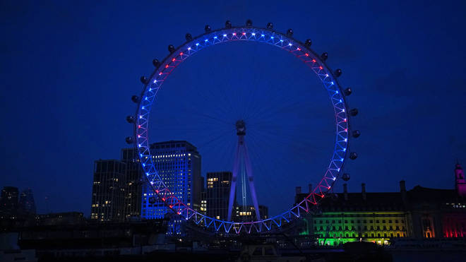 The London Eye lit up in Union Jack colours