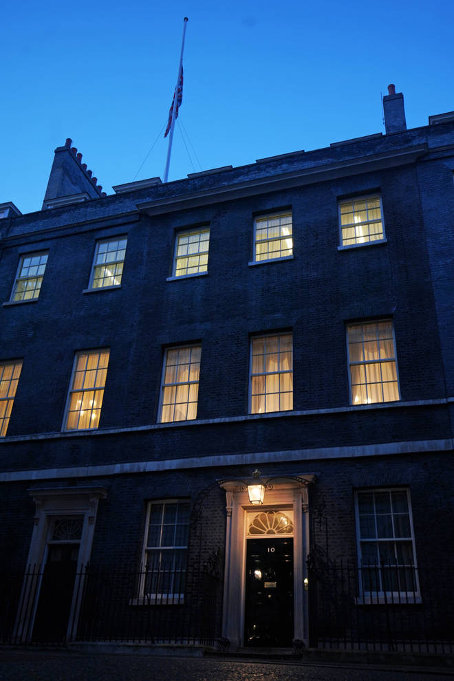 A Union flag above 10 Downing Street flies at half mast