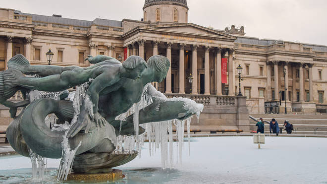 Trafalgar Square's fountains froze over this week due to London's freezing temperatures