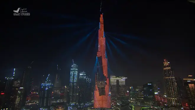 The Burj Khalifa was lit up in a countdown to the orbit insertion on Tuesday.