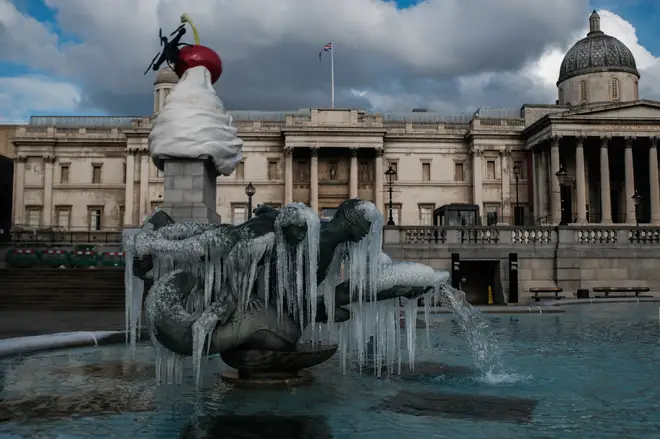 The cold weather caused the fountains at Trafalgar Square to freeze over