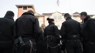 Prison staff protesting outside Bedford Prison last month