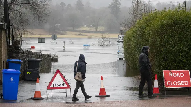 A flooded road in Callander, Stirlingshire, flooded after the River Teith burst its banks