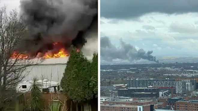 Smoke from the 'significant blaze' at a warehouse in Denton can be seen from miles around.