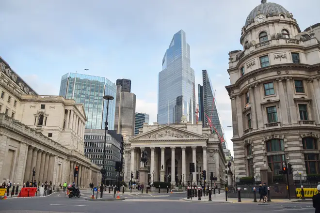 File photo: The Royal Exchange and the Bank of England in the City of London