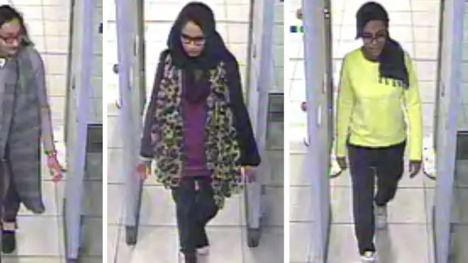 Shamima Begum (centre) was captured on CCTV heading to Syria with Kadiza Sultana (left) and Amira Abase (right)