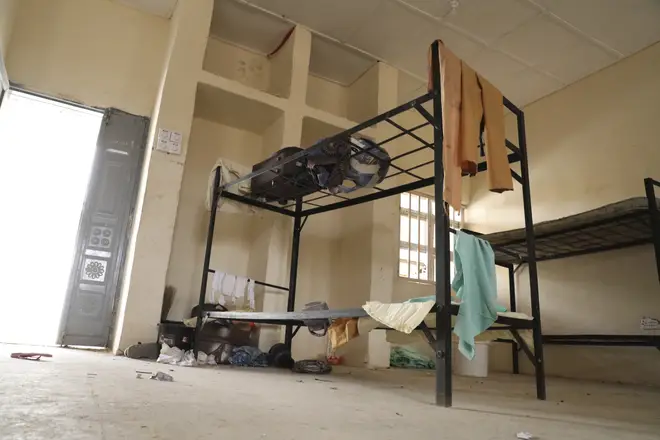 Students' belongings are seen inside the hostel of the school after the abduction