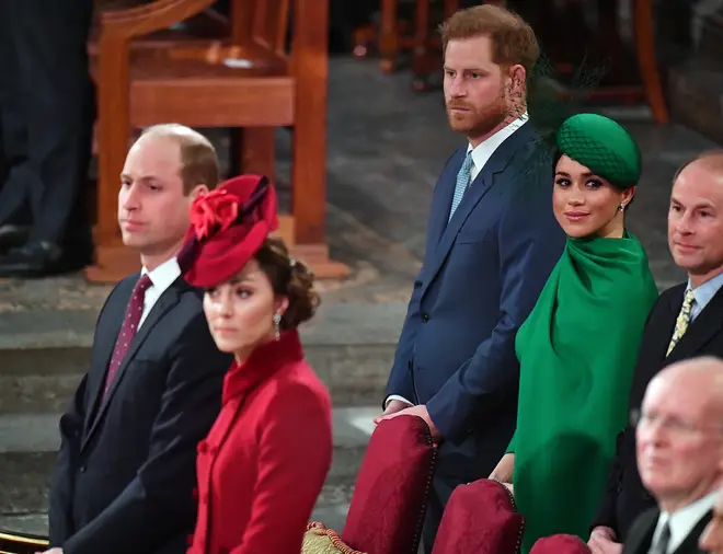 William, Kate, Harry and Meghan pictured during the Sussex's final official royal engagement last year