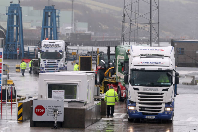 Trucks leave Larne Port in Northern Ireland.