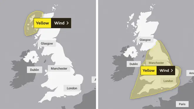Wind warnings are in place for northeast Scotland on Tuesday (left), with warnings in place on Wednesday and Thursday for England and Wales (right).