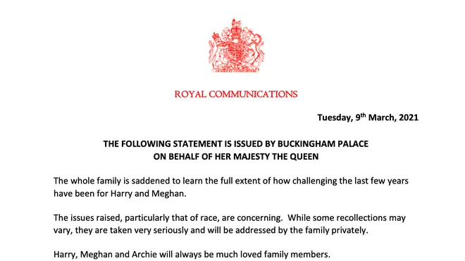 The statement is the first comment any Royals have made on the bombshell interview