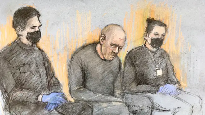 Court artist sketch of serving police officer Wayne Couzens (centre) appearing in the dock at Westminster Magistrates' Court