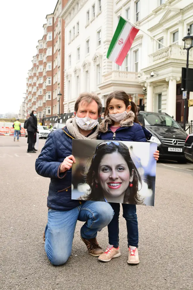 On Monday, Nazanin's husband Richard Ratcliffe and daughter Gabriella attended a protest outside the Iranian Embassy in London.