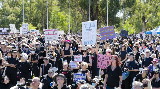 Protesters attend the Women's March 4 Justice Rally in Canberra
