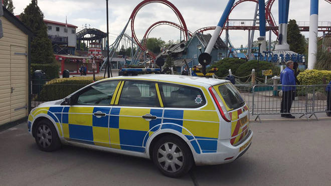 A police vehicle at Drayton Manor Theme Park in Drayton Manor, Tamworth, where Evha Jannath, 11, drowned