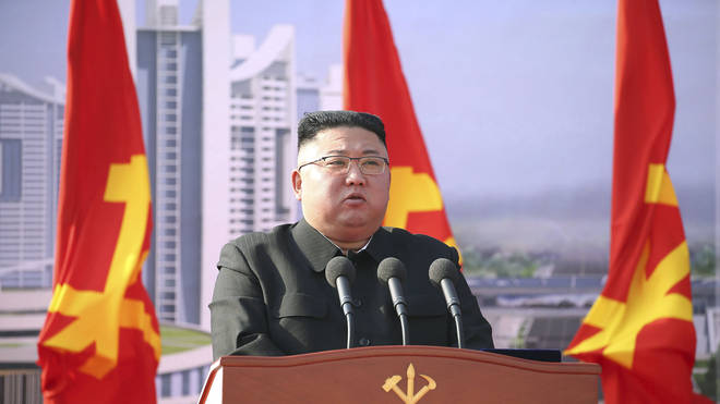 North Korean leader Kim Jong Un speaks during a ceremony