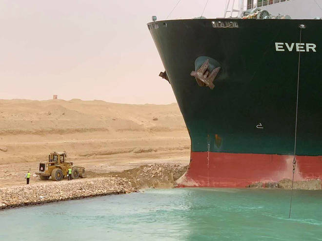 The Ever Given ran aground on Tuesday in the narrow, man-made canal dividing continental Africa from the Sinai Peninsula