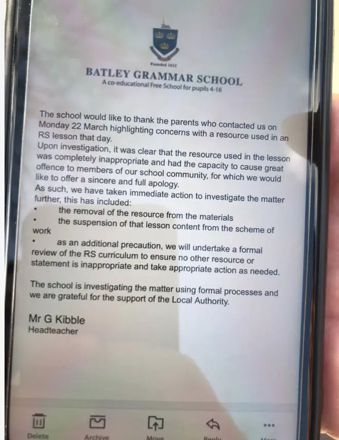The schools has apologised to parents in an email