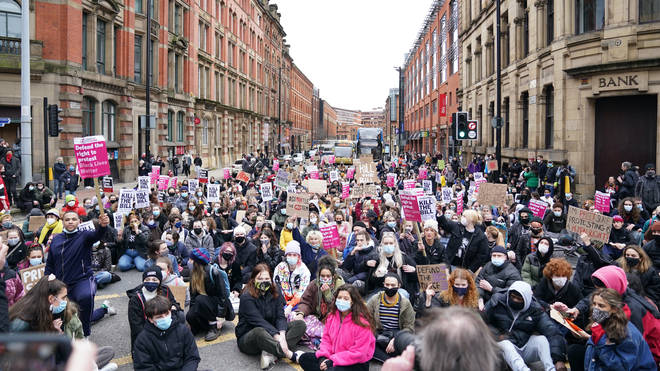 Demonstrators during the Kill The Bill protest in St Peter's Square, Manchester