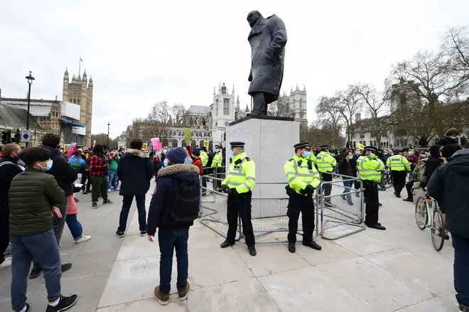 Police have been stationed around the Churchill statue at Parliament Square.