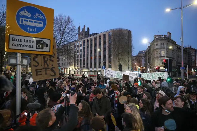 A group of around 500 people gathered in central Bristol with drinks and music before a section split off to block the M32.