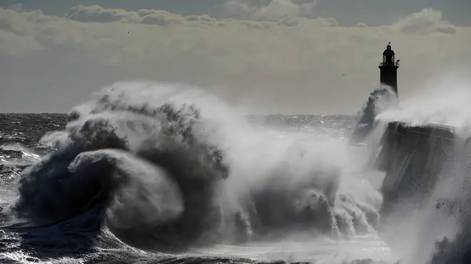 Waves from the North Sea crash against the Tynemouth Lighthouse