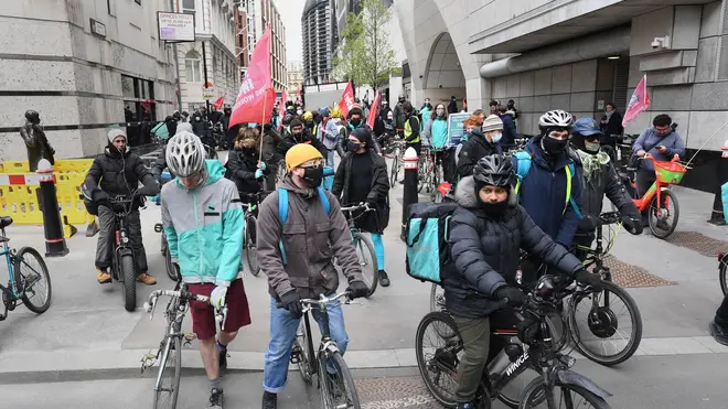 Deliveroo riders from the Independent Workers’ Union of Great Britain in the City of London, as they go on strike
