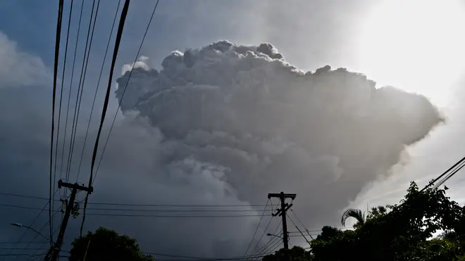 Ash rises into the air as La Soufriere volcano erupts on the eastern Caribbean island of St Vincent