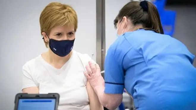 Nicola Sturgeon receives her first shot of the Astra Zeneca vaccine