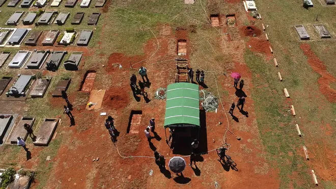 A family attends a burial service in Brasilia, Brazil (Eraldo Perez/AP)
