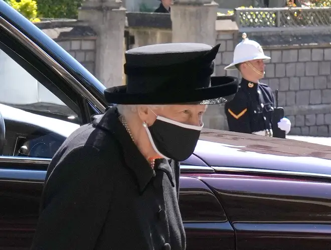 Queen Elizabeth II arrives for the funeral of the Duke of Edinburgh at St George's Chapel, Windsor Castle